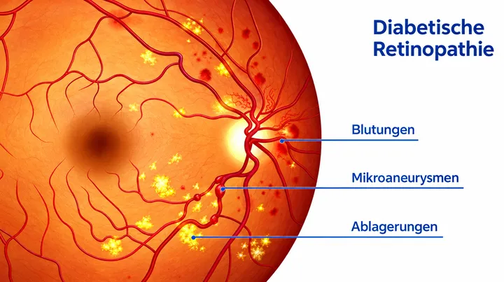 Illustrated retina showing signs of diabetic retinopathy
